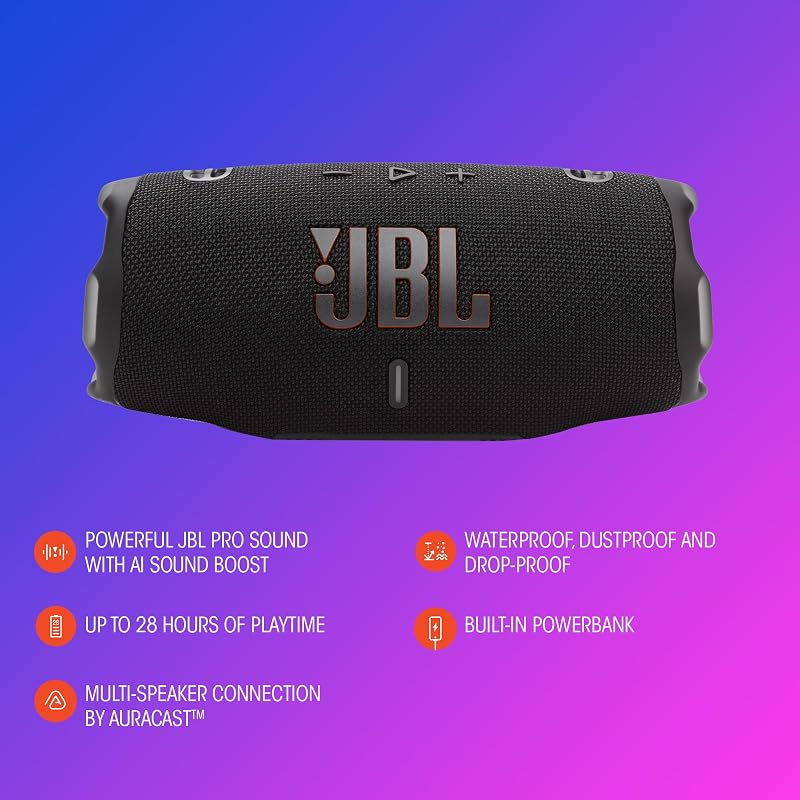 JBL Charge 6, alto-falante Bluetooth sem fio portátil, bateria de 28h, resistência à água IP68, à prova de poeira e queda, som Pro com AI Sound Boost, compatível com Auracast, multicolor