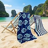 CASA COPENHAGEN Miami Bath Towels Designed in Denmark Rough and Tough, Quick Dry, for Pool, Bath & Shower 30"x60", 2 Pieces Cotton Beach Towels Set - Fish Navy + Turquoise Stripe