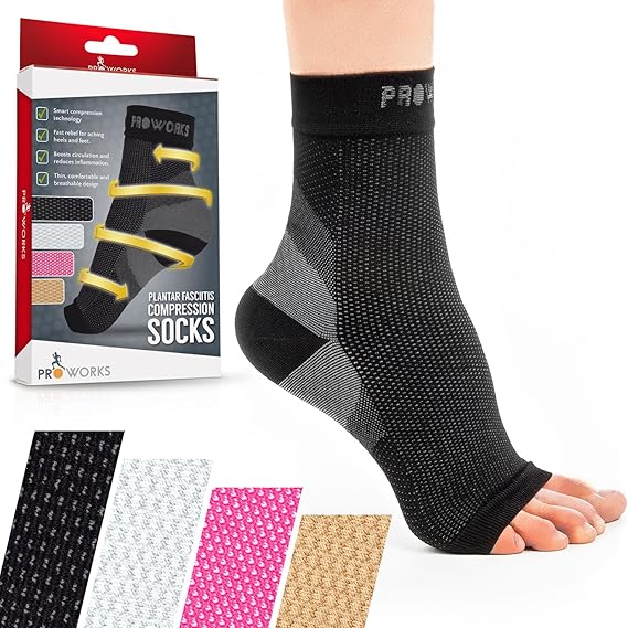 Proworks Plantar Fasciitis Compression Socks (Pair), Night Splint Alternative & OpenToe Foot