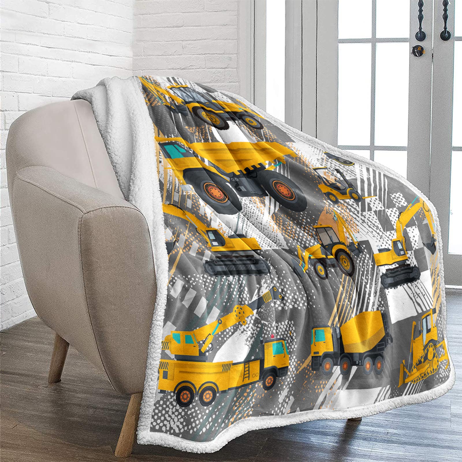Lunoroey Excavator Blanket Throw Kids Boys Cars Construction Digger Truck Blankets Throws Thick Sherpa Fleece Blanket Bed Blanket Couch Sofa Blanket Throw 130x150cm