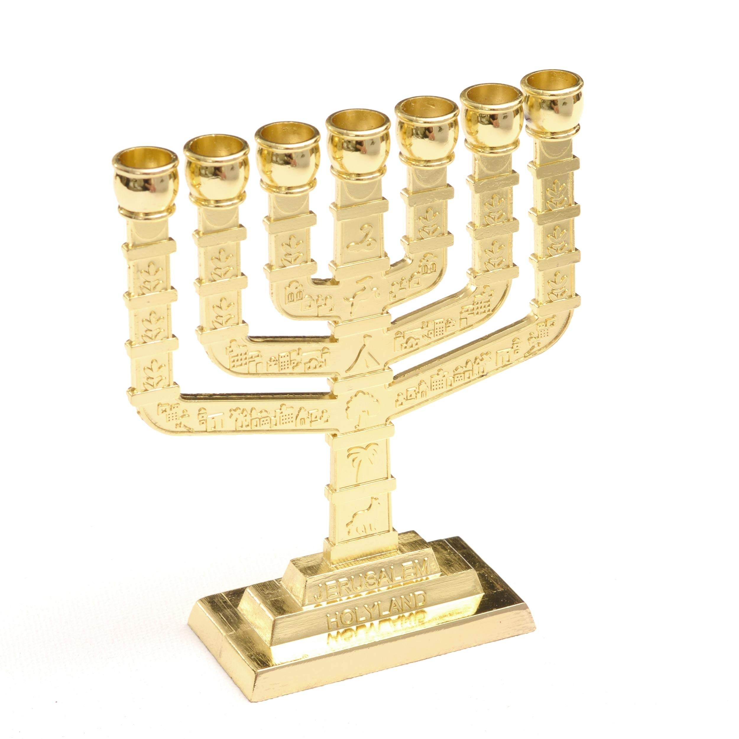 Anandashop Gold Jerusalem Candle Holder Decorative Judaica 7 Branch Menorah Hanukkah Gift
