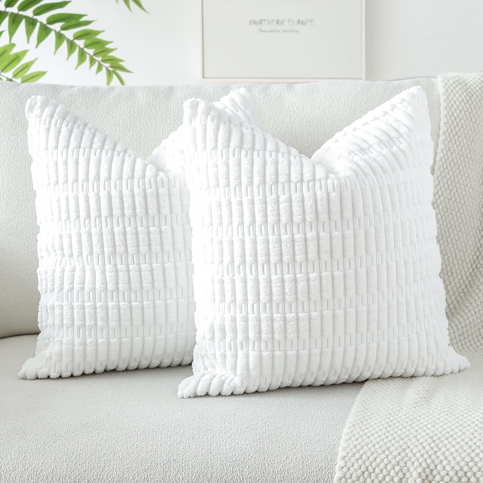 JOTOM Pack of 2 Corduroy Soft Striped Cushion Covers 40x40 cm 16x16 Inch Boho Decorative Throw Pillow Covers Square Cushion Case Home Decor Pillow Cases for Couch Sofa Living Room Bed (White) โ image 1