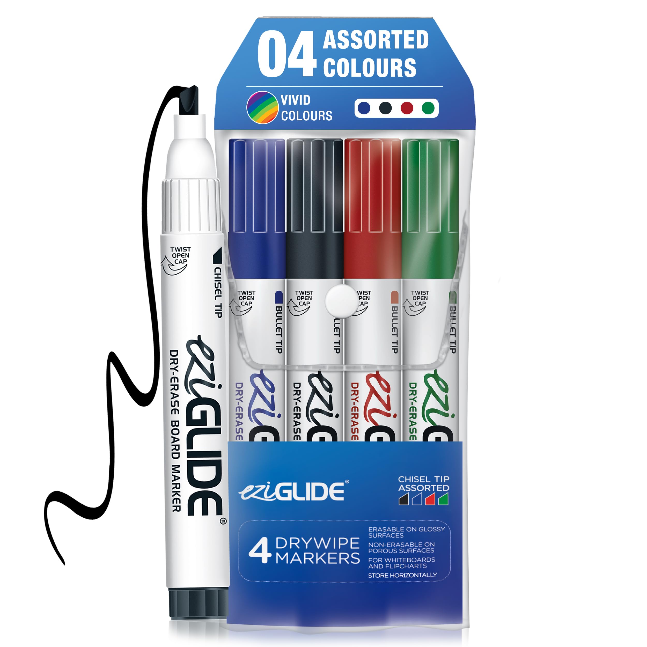 Eziglide 4-Pack Chisel Tip Whiteboard Markers Set – Erasable Dry Wipe Pens for Writing, Whiteboard, Flip Charts, Schools, Teachers - 4 Assorted Colours (Black, Red, Blue & Green)