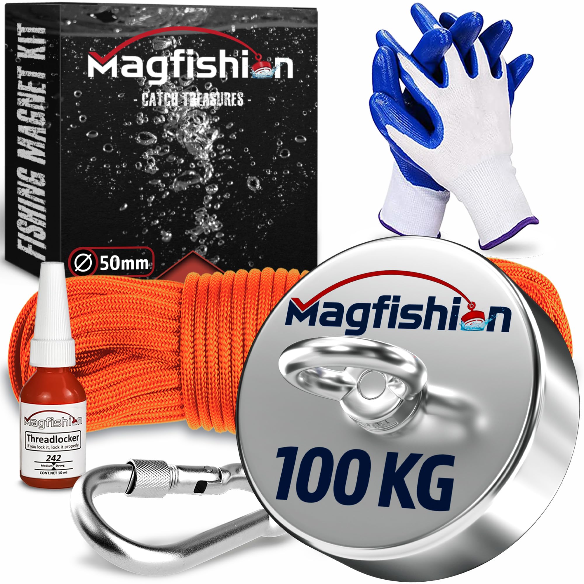 MAGFISHION Magnet Fishing Kit - 100 KG (220lb) - Ø50mm - Super Strong Neodymium Magnet with Rope (20M), Carabiner, Gloves, Threadlocker - Magnetic Fishing Magnets