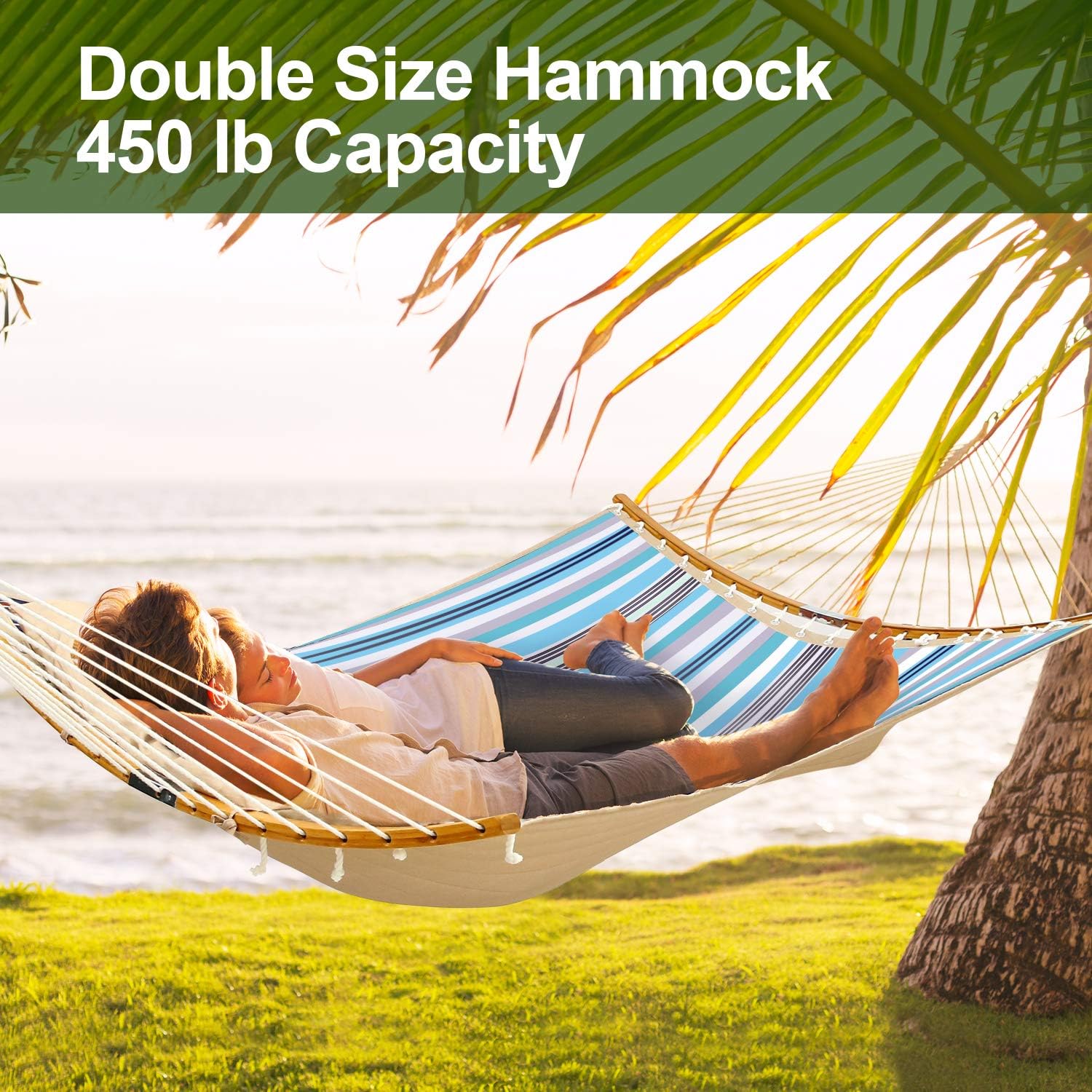 Ohuhu Double Hammock Quilted Fabric Swing with Strong Curved-Bar Bamboo & Detachable Pillow, 55"x75" Large Hammocks with Carrying Bag, 4.6'W x 6.2'L, Blue & White Stripe : Garden & Outdoor