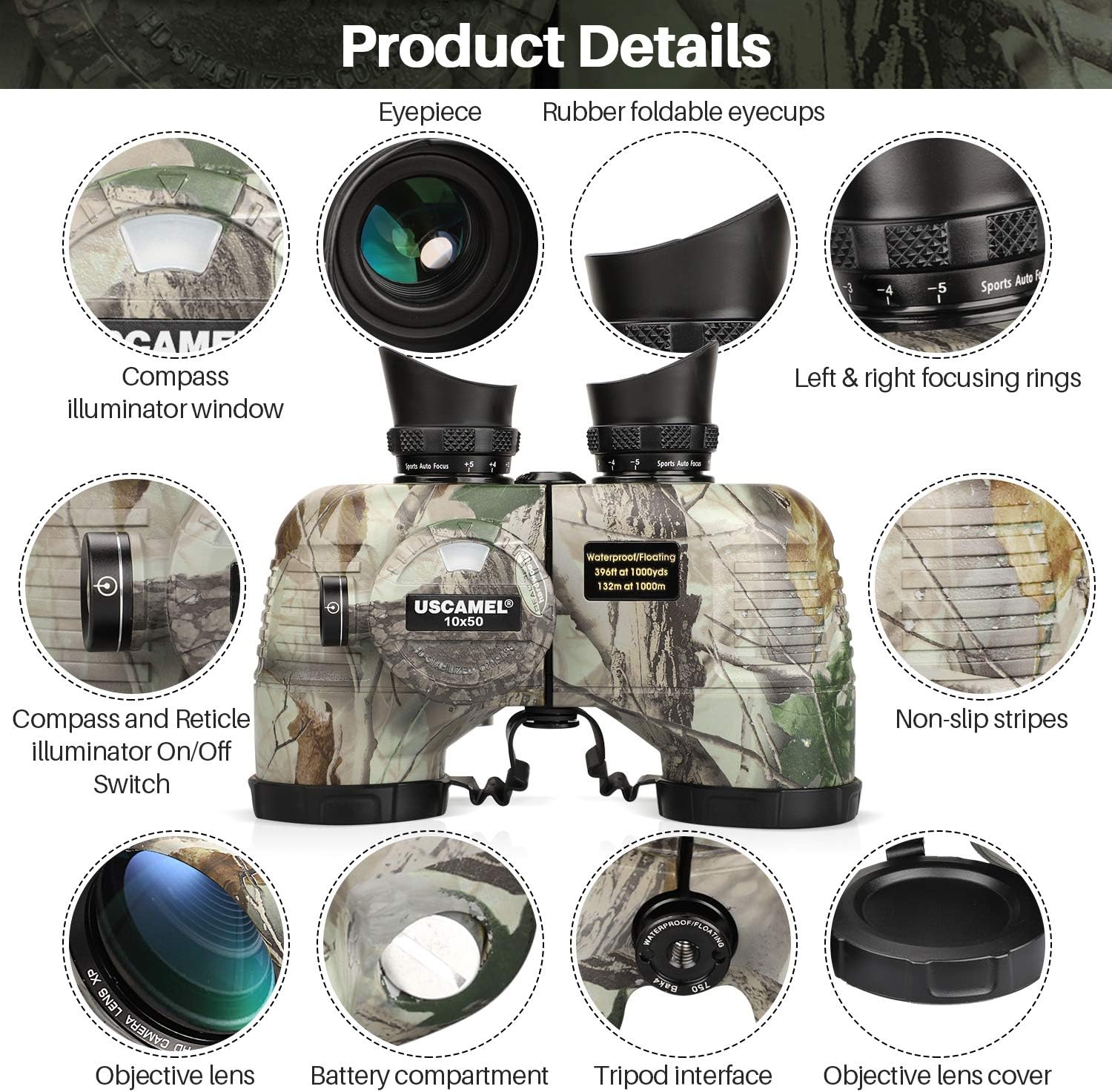 USCAMEL 10x50 Marine Binoculars for Adults, Waterproof Binoculars with Rangefinder Compass，BAK4 Prism FMC Lens Binoculars with Tripod Adapter for Navigation Bird Watching Hunting : Camera & Photo