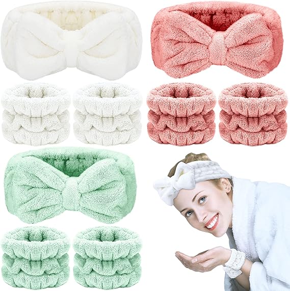 9 Pieces Spa Headband Wrist Washband Face Wash Set, Include 3 Pieces