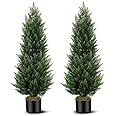 Artificial Topiary Cedar Trees 4FT Tall 2 Set, Outdoor Indoor Faux Pine Shrubs Plants, Realistic Fake Plants Front Porch Decor, Artificial Bushes Cypress for Home Front Door Offices