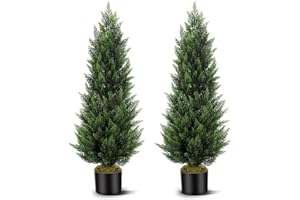 VITALISMO Artificial Topiary Cedar Trees 4FT Tall 2 Set, Outdoor Indoor Faux Pine Shrubs Plants, Realistic Fake Plants Front Porch Decor, Artificial Bushes Cypress for Home Front Door Offices