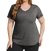 FOREYOND Plus Size Workout Tops for Women Short Sleeves V Neck Yoga Shirts Loose Fit Athletic Gym Running Clothes Summer