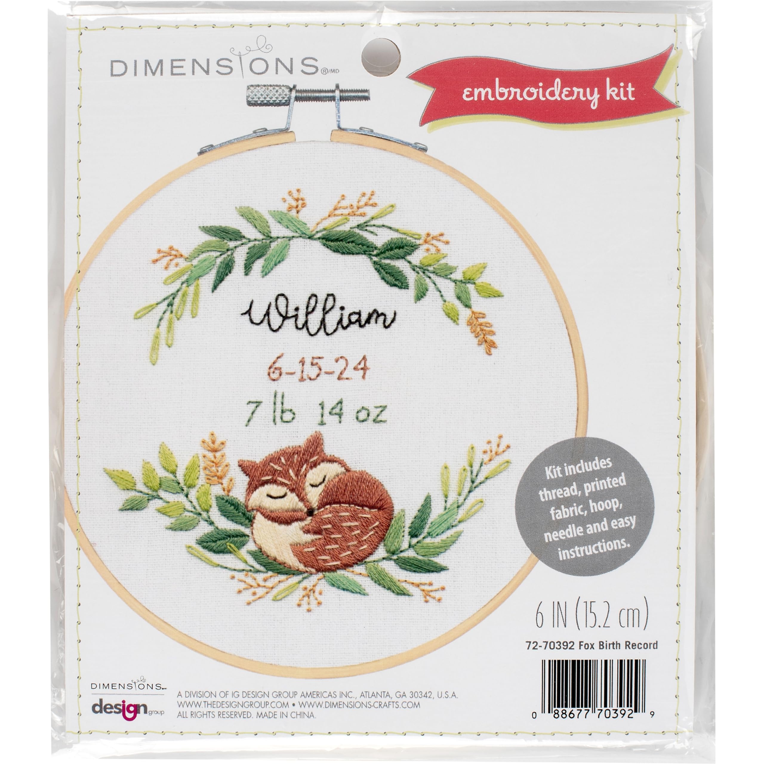 Dimensions 72-70392 Fox Birth Record Embroidery Needlepoint Kit for Beginners, 6