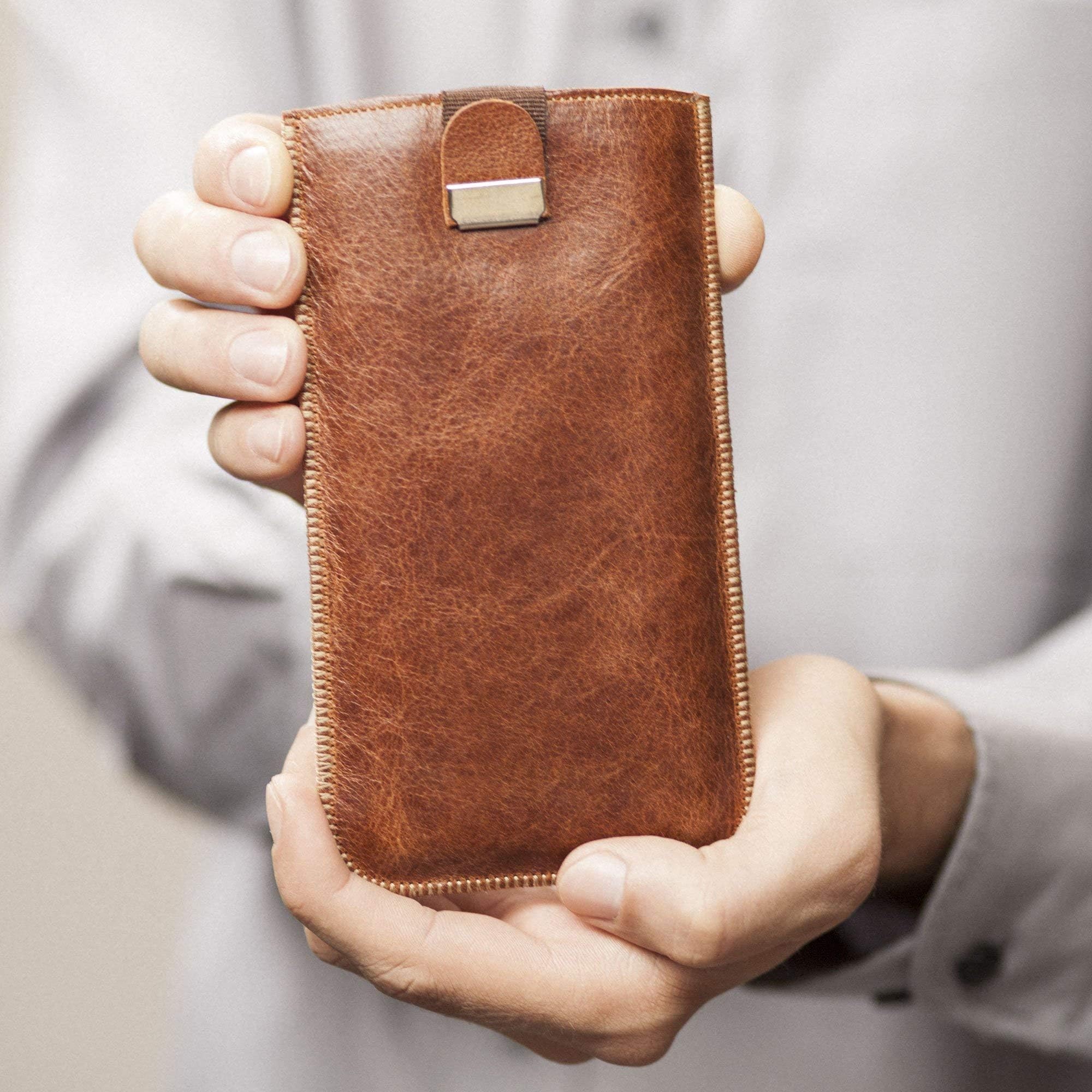 Italian Leather Cover for Samsung Galaxy S10+ Brown Case with pull Band Sleeve Pouch Shell