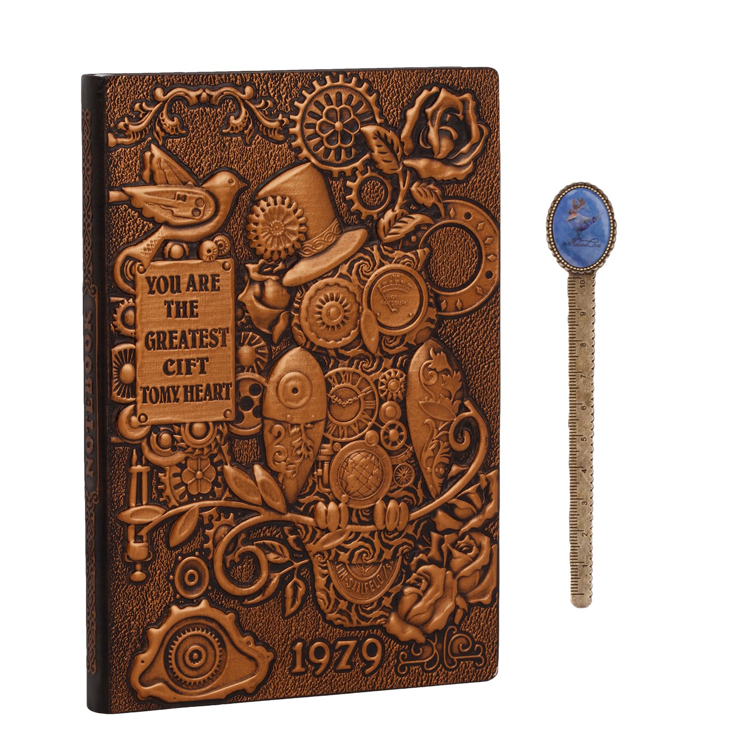 IPENNY A5 Vintage Leather Notebook 3D Embossed Cover Journal with Bookmark Diary Padded Front & Hardback Cover Copper Travel Diary Retro Privacy Notebook Anniversary Birthday Xmas Gifts for Men Women