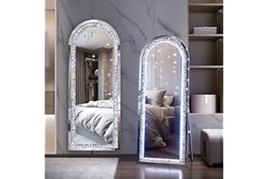 Hasipu 59"×18" LED Full-Length Mirror Arch Design with Crystal Crush Diamond, Wall Mounted Diamond Mirror Leaning for Living Room Bedroom Dimming & 3 Color Modes