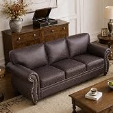 Couchus 88" W 3-Seater Sofa Couch, Faux Leather Fabric Sofas, Brown | Faux Leather Fabric 3-Seater Sofa, Mid-Century Vintage Upholstered Couch for Living Room