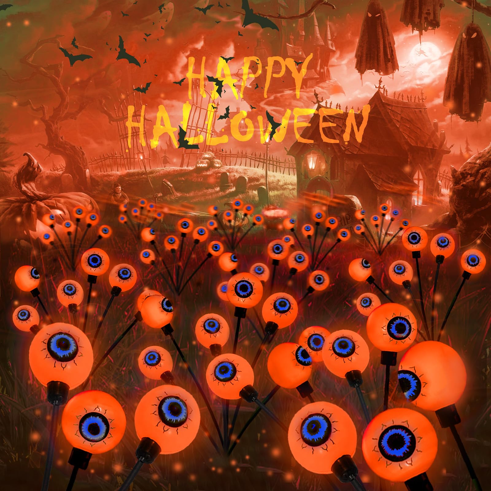 Photo 1 of 6 Pack Solar Eyeball Lights for Halloween Decorations Outdoor, 36 LED Orange Eyeball Solar Halloween Lights, Waterproof Swaying Firefly Lights with 2 Modes for Pathway Patio Yard Lawn Garden Decor