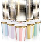 Confettiville Disposable Paper Coffee Cups, Bulk 100 Pack, 5 Striped Pastel Colorways, Scalloped Gold Foil Details, Leak-Resistant, 12 oz Hot and Cold Cups for Restaurants and Parties