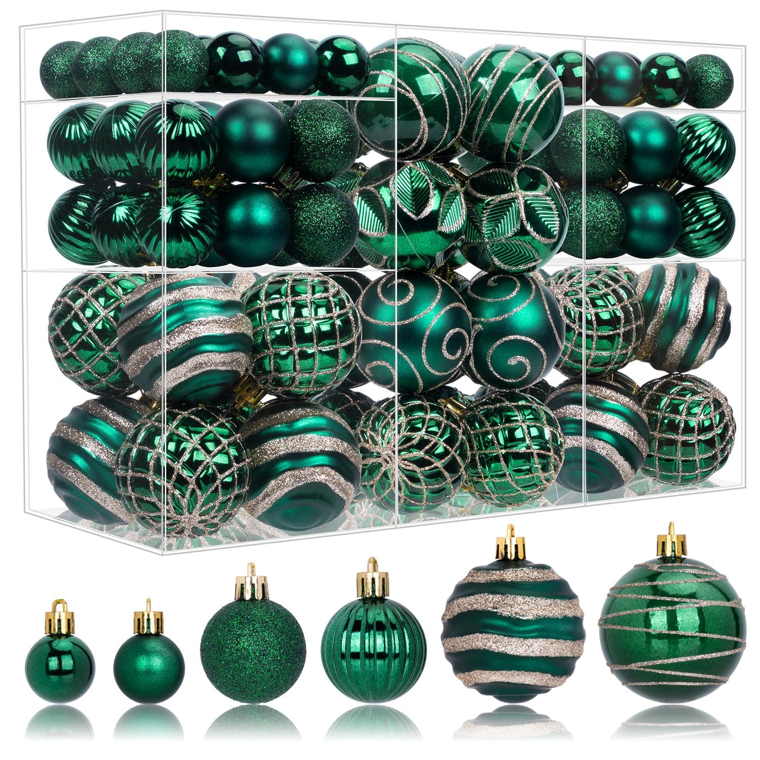 Photo 1 of 100 Pack Dark Green Christmas Ball Ornaments Set, Hand-Painted Shatterproof Hanging Decorations, Assorted Emerald Green Baubles Bulk for Xmas Tree Wreath, Winter Holiday Home Party Decor