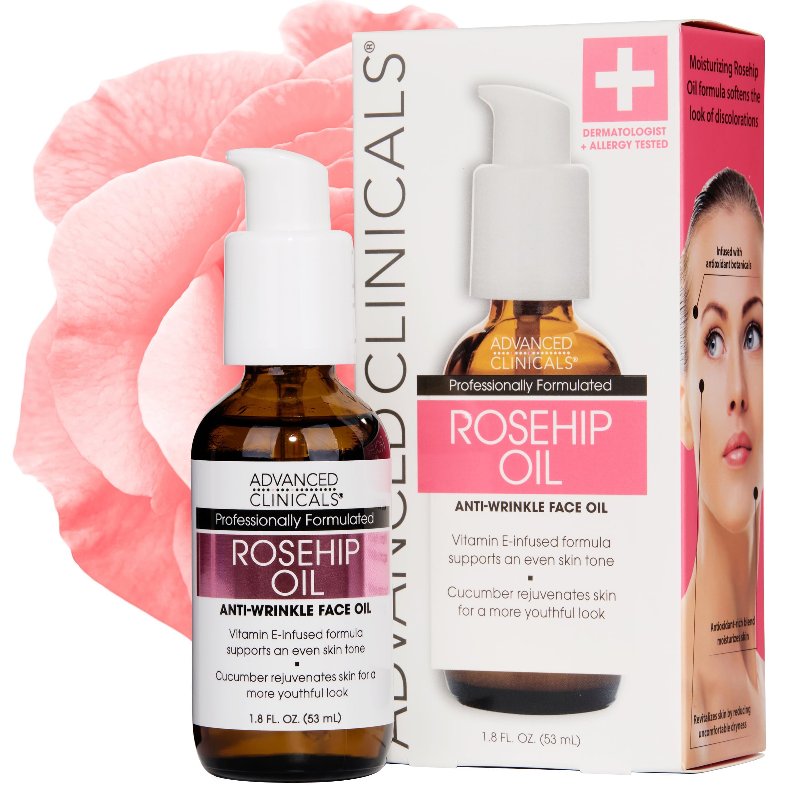 Advanced Clinicals Rosehip Oil Anti-wrinkle Face Oil with Vitamin C and Vitamin E for Sun Damage, Age Spots and Wrinkles. Large 1.8oz Bottle. by Advanced Clinicals