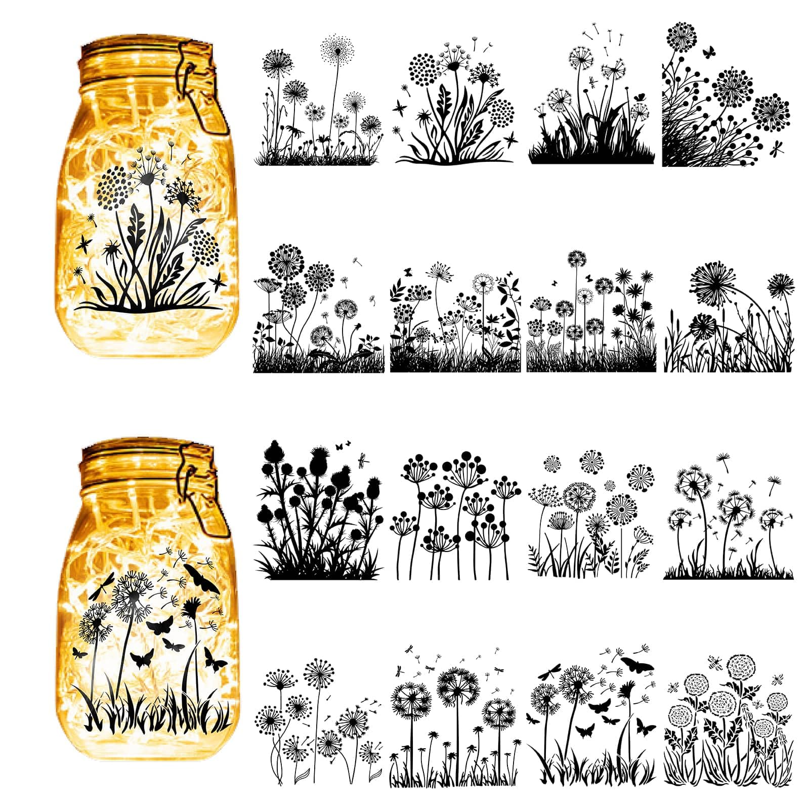 CREATCABIN 16Pcs Dandelion Silhouettes Mason Jar Decor Butterfly Lantern Laser Cutouts Ornaments Scrapbook Dragonfly Bee for Frosted Glass Wall Windows Car DIY Craft Xmas Black 3.9x3.5Inch(No Sticker)