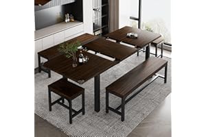 iPormis 5-Piece Dining Table Set for 4-8 People, Extendable Kitchen Table Set with 2 Benches and 2 Square Stools, Mid-Century Dining Room Table with Metal Frame & MDF Board, Saving Space, Espresso