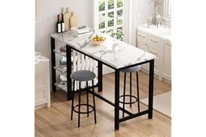 Lamerge Kitchen Furniture Bar Height Table and Chairs for 2 People, 4-Tier Compact Dining Room Table, White Faux Marble Top and 2 Grey Velvet Upholstered Seat, Modern Dining Set for Home/Studio/Office