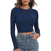 Artfish Women's Round Neck Long Sleeve Knit Ribbed Fitted Crop Top Casual Basic Shirts