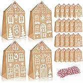 Whaline 24 Pcs Christmas Treat Bags Xmas Gingerbread House Kraft Paper Wrapping Bags Candy Cookie Goodies Bag with Red Cotton Rope for Winter Holiday Party Favors Supplies