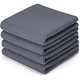 BOOMIBOO 4-Pack Dish Towels, 100% Cotton Waffle Weave, Ultra Soft Absorbent, Quick Drying, Grey, 13x28 Inches