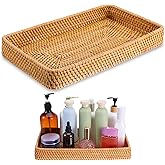 BOHUIZ Wicker Storage Basket, Rattan Tray Rectangular Woven Tray Natural Wicker Serving Trays Rattan Serving Trays Decorative for Kitchen Bathroom Table Counter Organizing (14.6" x 9" x 2")