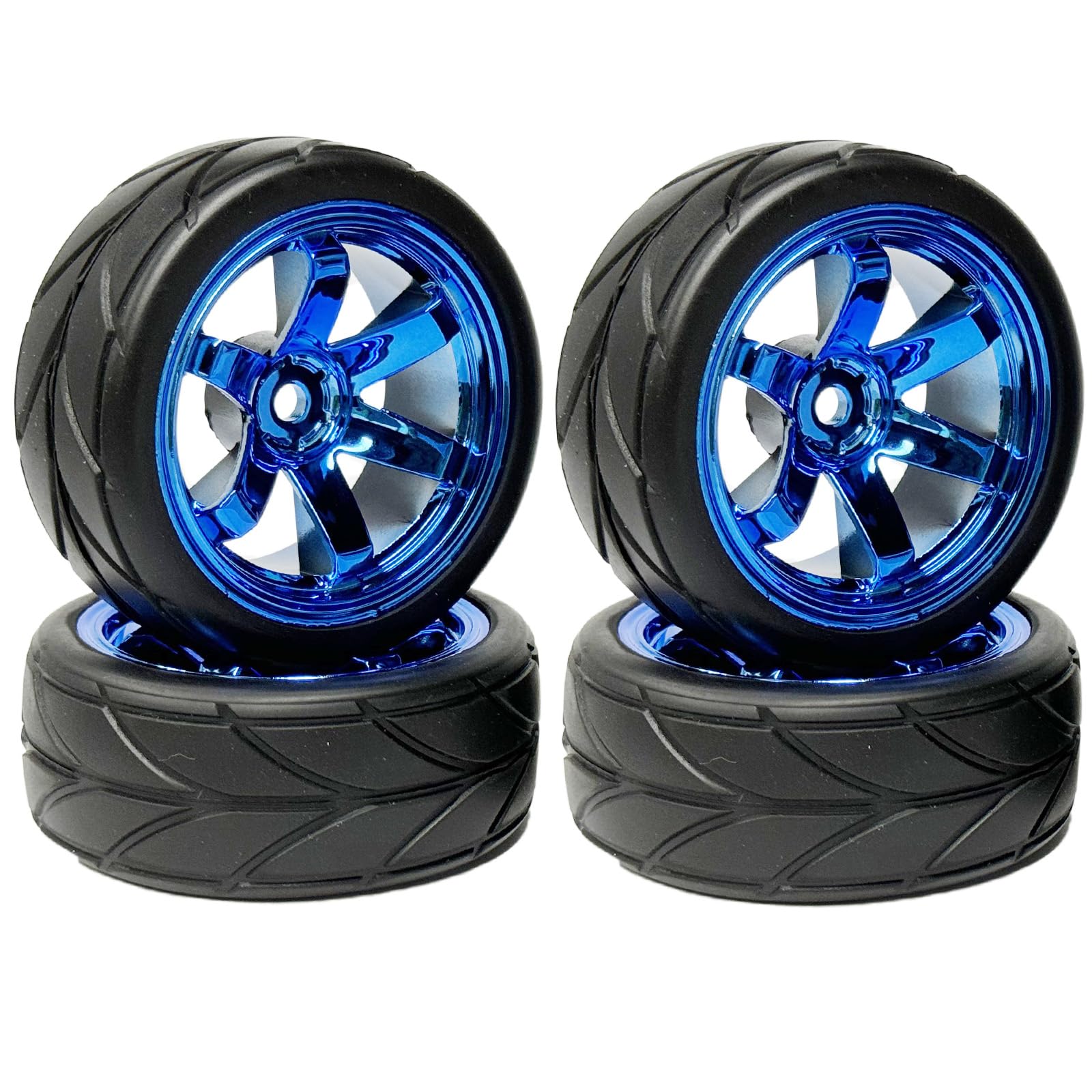 KINGCOO RC Car Tyres and Wheels Set, 4PCS 64mm Rubber Tires and Plastic 6 Holes Wheel Rims Set 12mm Hex for 1/10 RC On Road Run-flating Touring Racing Drift Car Tyre (Blue)