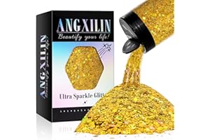 ANGXILIN Holographic Chunky Glitter, 190g/6.7oz Chunky and Fine Mixed Craft Glitter, Bulk Laser Sequin Glitter for Face Body Nail Art,Epoxy Resin Tumbler Jewelry Making Glitter (Laser Bright Gold)