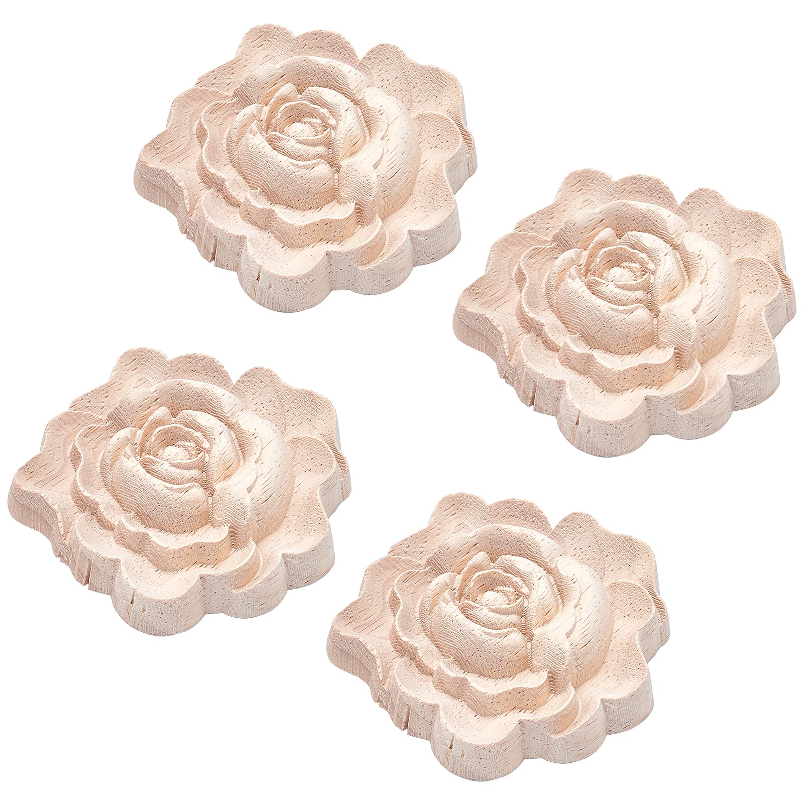 GORGECRAFT 4PCS Wooden Carved Onlay Appliques Rose Carving Decal Corner Craft Unpainted Furniture Home Wood Decoration for Dresser Bed Door Cabinet Wardrobe Ceiling 3"x3" for Valentine's Day