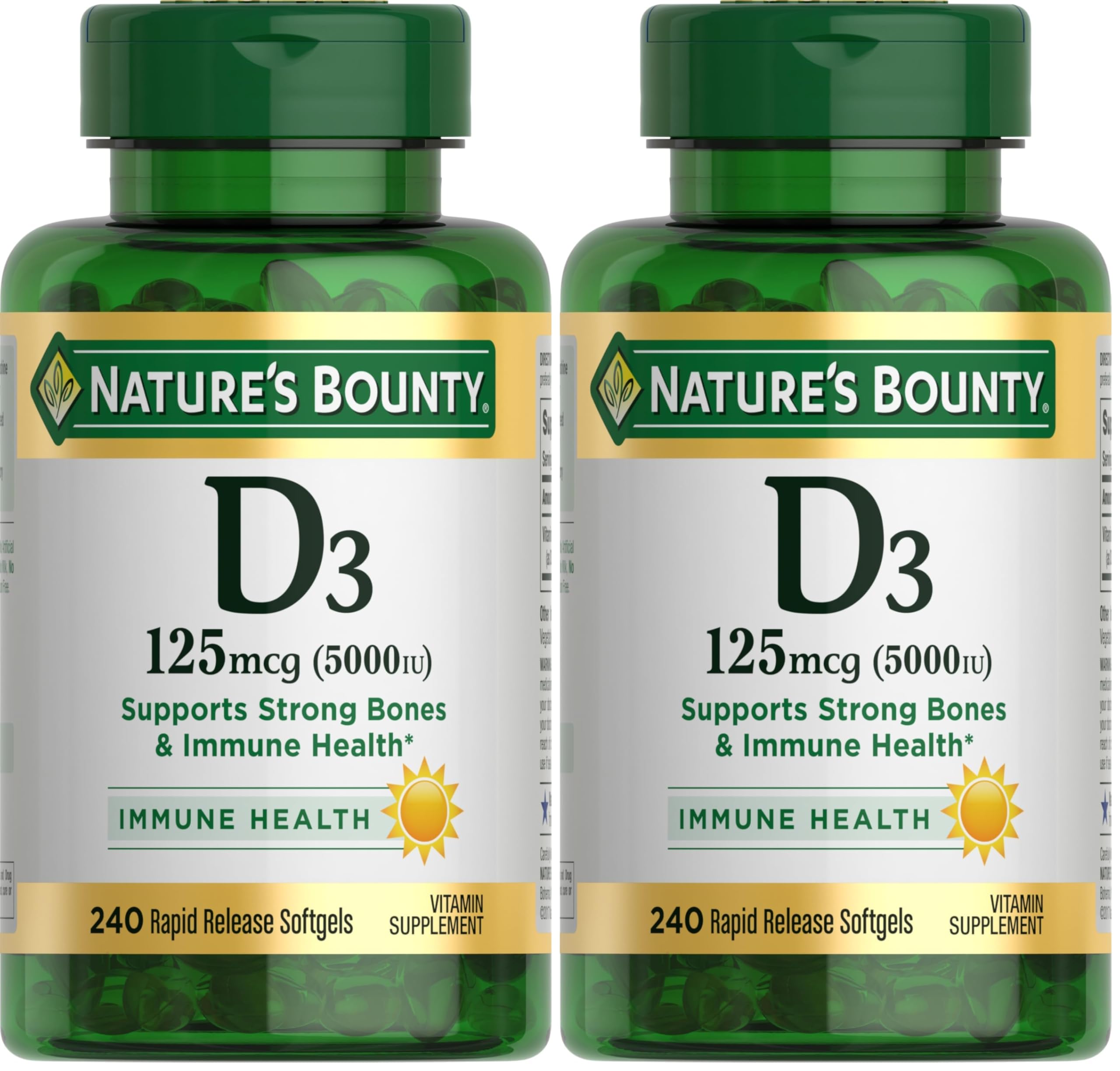 Nature's Bounty Vitamin D3 5000 IU Softgels, Rapid Release, Immune Support, Vitamin D Supplements, 240 Ct (Pack of 2) Image