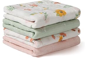 lasoftan Baby Muslin Burp Cloths, 100% Cotton Burping Cloths Super Absorbent Soft, Bath Towel Burp Cloths for Baby Girl Boy, Great Gift for Newborn, 10 x 20 inch, 4 Pack, Leaves & Flowers