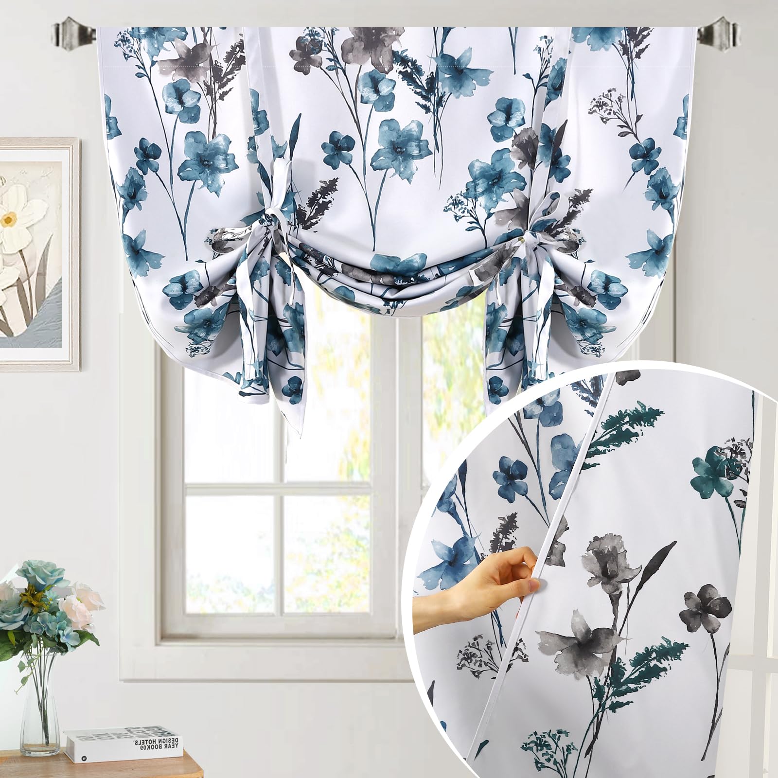 Photo 1 of H.VERSAILTEX Tie Up Curtain Double Sided Cattleya Floral Printed Window Valance Balloon Roman Curtain, Rod Pocket 1-Pack, Reversible in Blue/Teal, W 42 x L 36