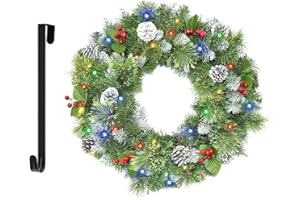 HOYECHI Christmas Wreaths for Front Door 24In - Pre Lit Artificial Christmas Wreath with 40 LEDs 8 Models Light, Timer, Hanger, Battery Operated Christmas Wreath for Mantel Wall Windows Xmas Decoration