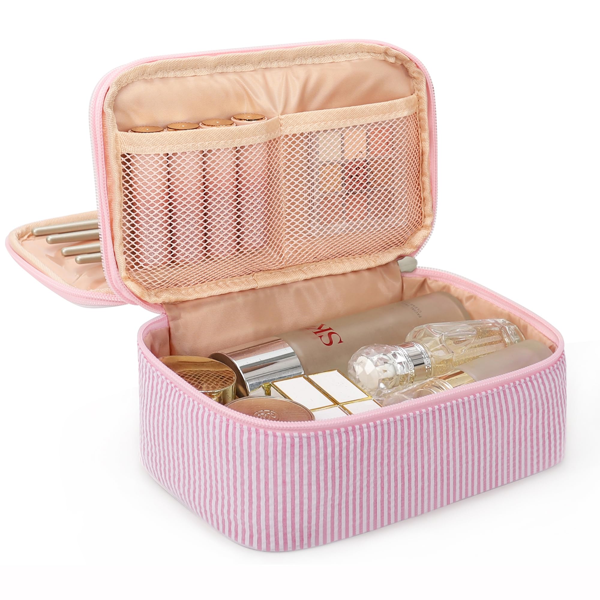 Photo 1 of Relavel Cute Makeup Bag for Girls, Portable Pink Cosmetic Bag, Dual-layer Makeup Pouch with Brush Holder, Multi-Functional Preppy Toiletry Organizer for Travel, Daily Use - Pink Strip