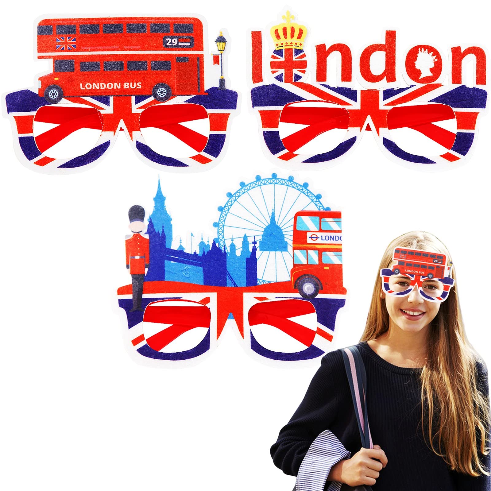 YAAVAAW Union Jack Party Fun Glasses with Felt,3Pack Union Jack Party Decorations Glasses,Union Jack Party Dress Up Glasses Photo Props for Kids,Adult 2025 VE Day 80th Anniversary Party Decorations