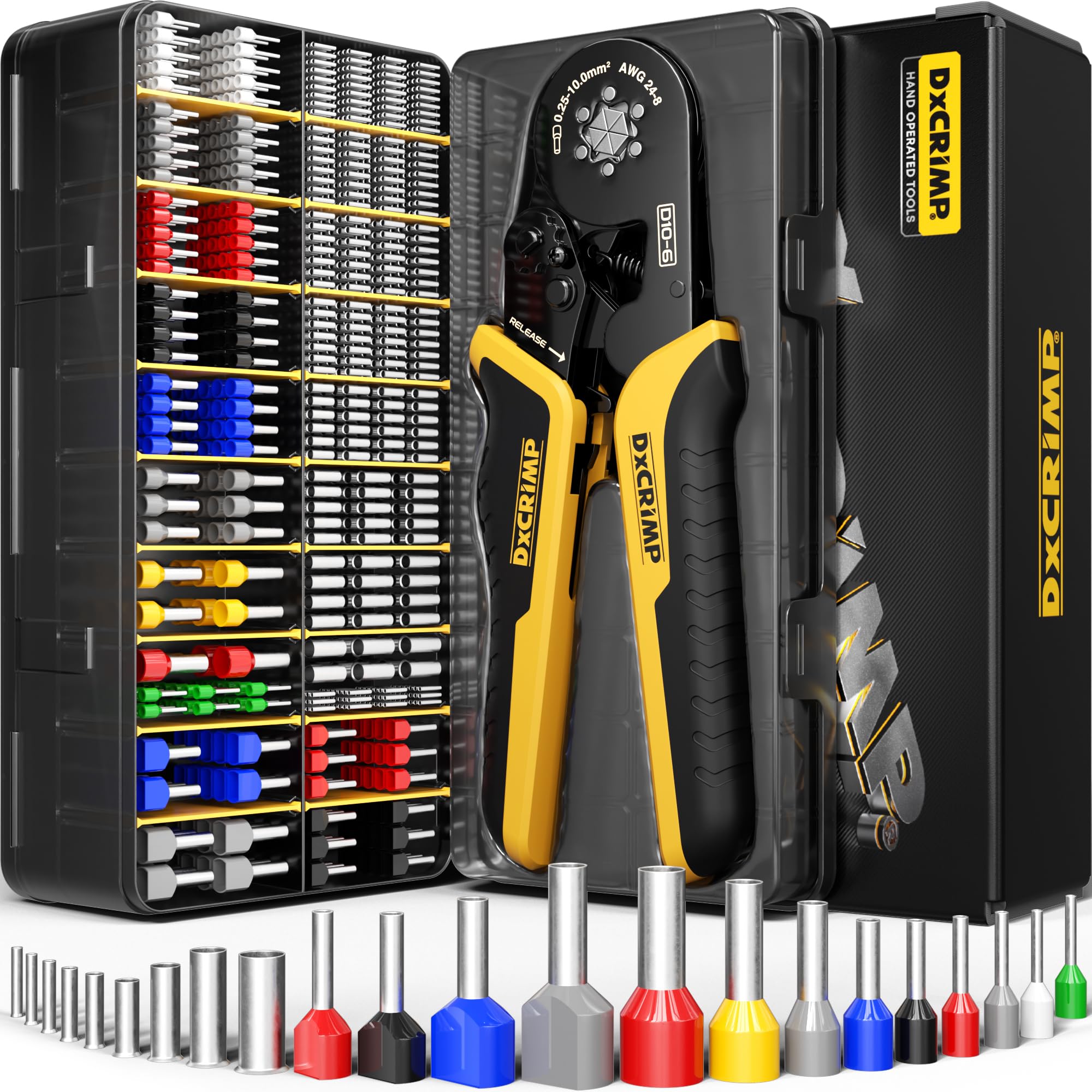 DxCRIMP Hexagonal Crimping Tool Kit, with 22 Types (1205pcs) Wire Ferrules, 0.25-6mm² (24-10 AWG) Ratchet Crimper, Insulated, Non-Insulated & Twin Wire Bootlace Ferrules for Electrical Wiring & DIY