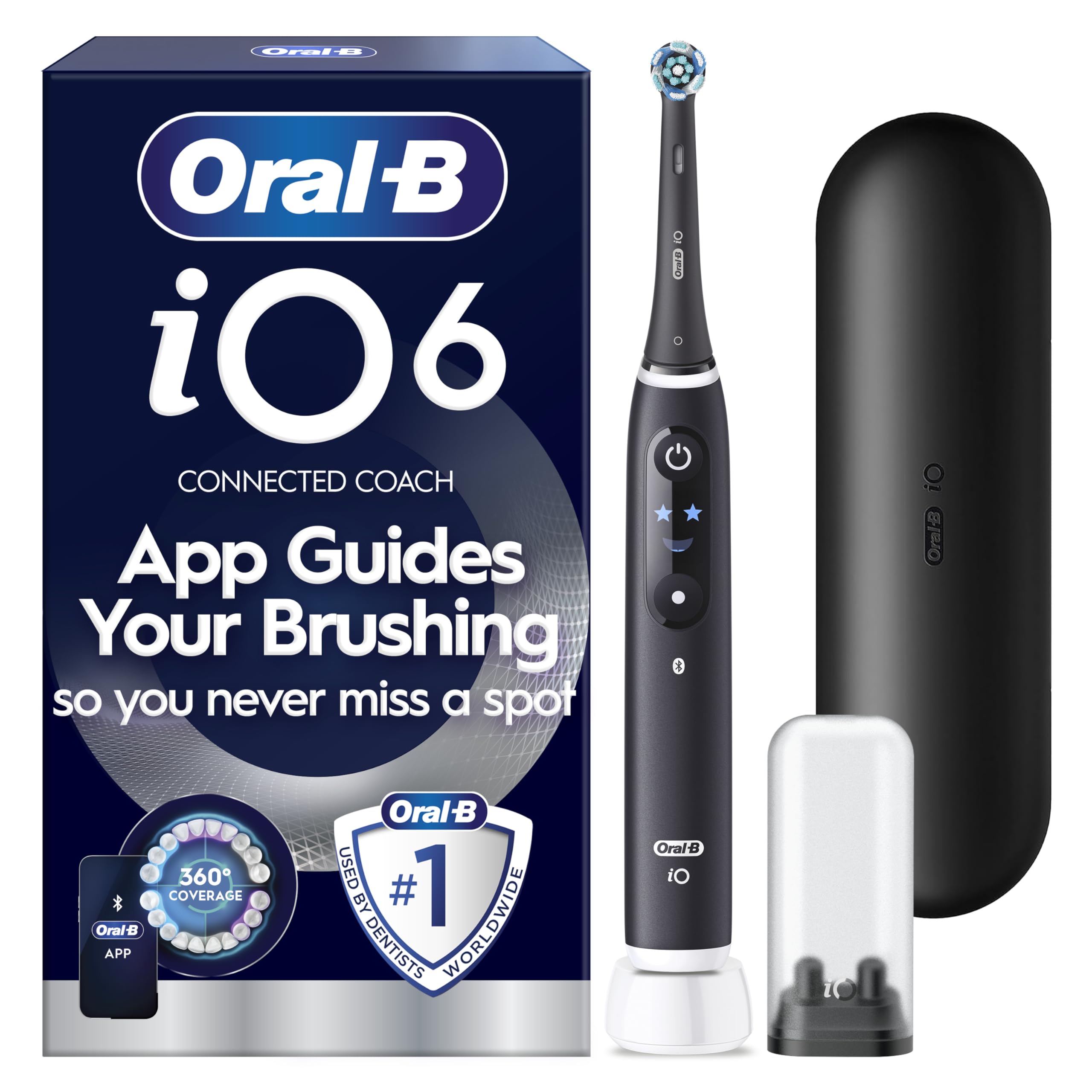 Oral-B iO6 Electric Toothbrushes For Adults, 1 Toothbrush Head, 5 Modes with Teeth Whitening, 2 Pin Plug, Black Lava, Travel Case Colour May Vary