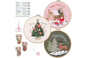 Santune Embroidery Kit - 3pcs Christmas Embroidery Patterns for Beginners with Instructions Cross Stitch Kits for Adults with