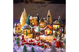 Kasyat 56 Pcs Christmas Village Sets LED Light up Christmas Town Shop Figurines Mini Village Houses Decor Santa Xmas Tree Resin Building Desktop Ornaments Battery Operated Landscape Decor Gift