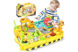 RISUNTOY Engineering Beach Sand Set, 500g Kinetic Sand + 4 Alloy Trucks Foldable Handbag Sandbox w/Rotating Crane & Water Area - Safe, Easy-Clean Outdoor Toy for Kids 4-12