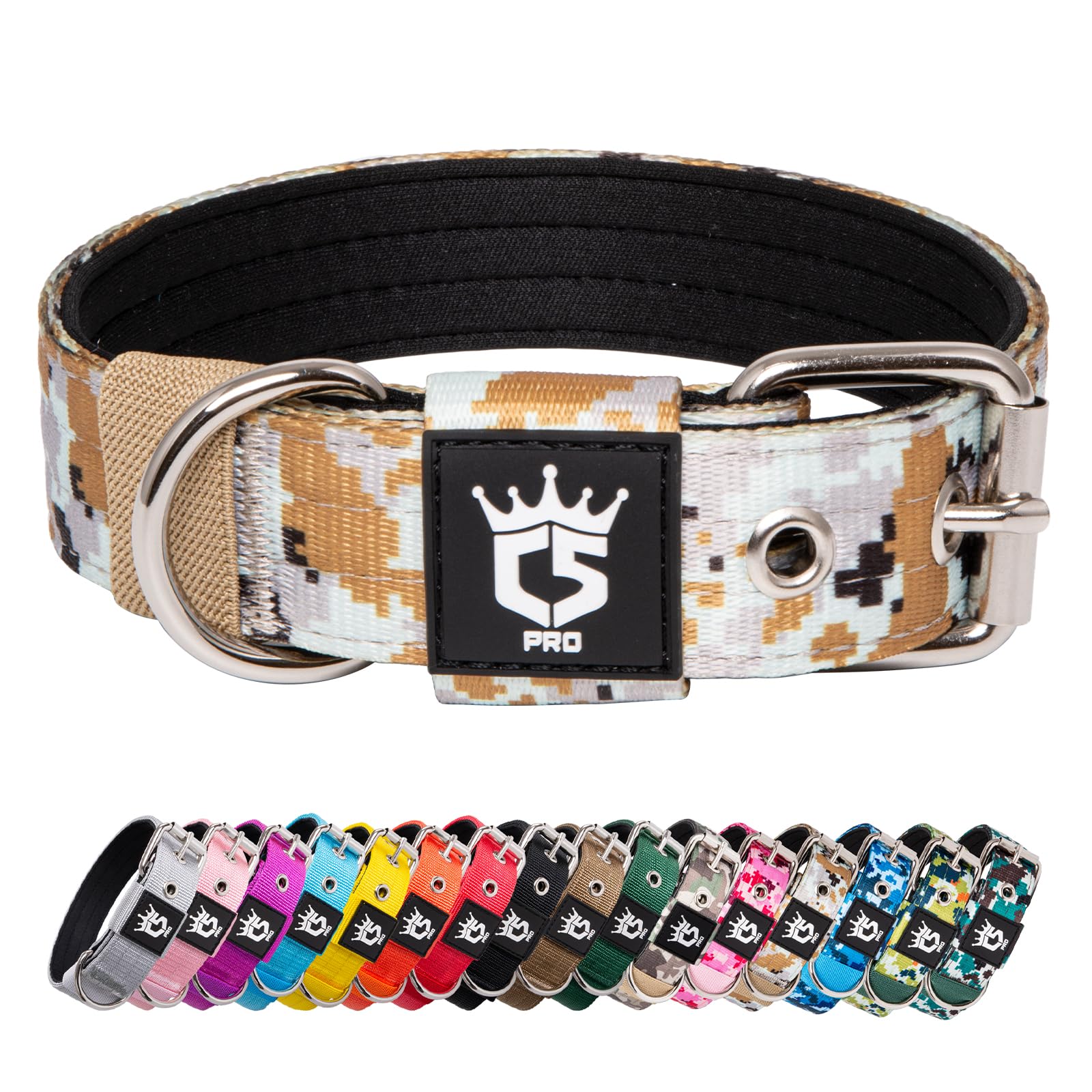 TSPRO Heavy Duty Tactical Dog Collar 1.25" Wide, Padded Dog Collar with Metal Buckle, Adjustable for Walking Training Outdoor for Small Dogs (Camo Khaki, S)