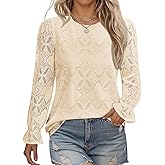 LOMON Lace Long Sleeve Tops for Women Fashion 2025 Eyelet Blouses Dressy Casual Crewneck Embroidered Shirts with Lining