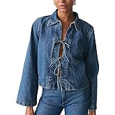 LouVasabuce Women Fashion Cropped Denim Jacket Tie Front Lapel Neck Long Sleeve Jean Coat Lightweight Shacket Fall Blouse