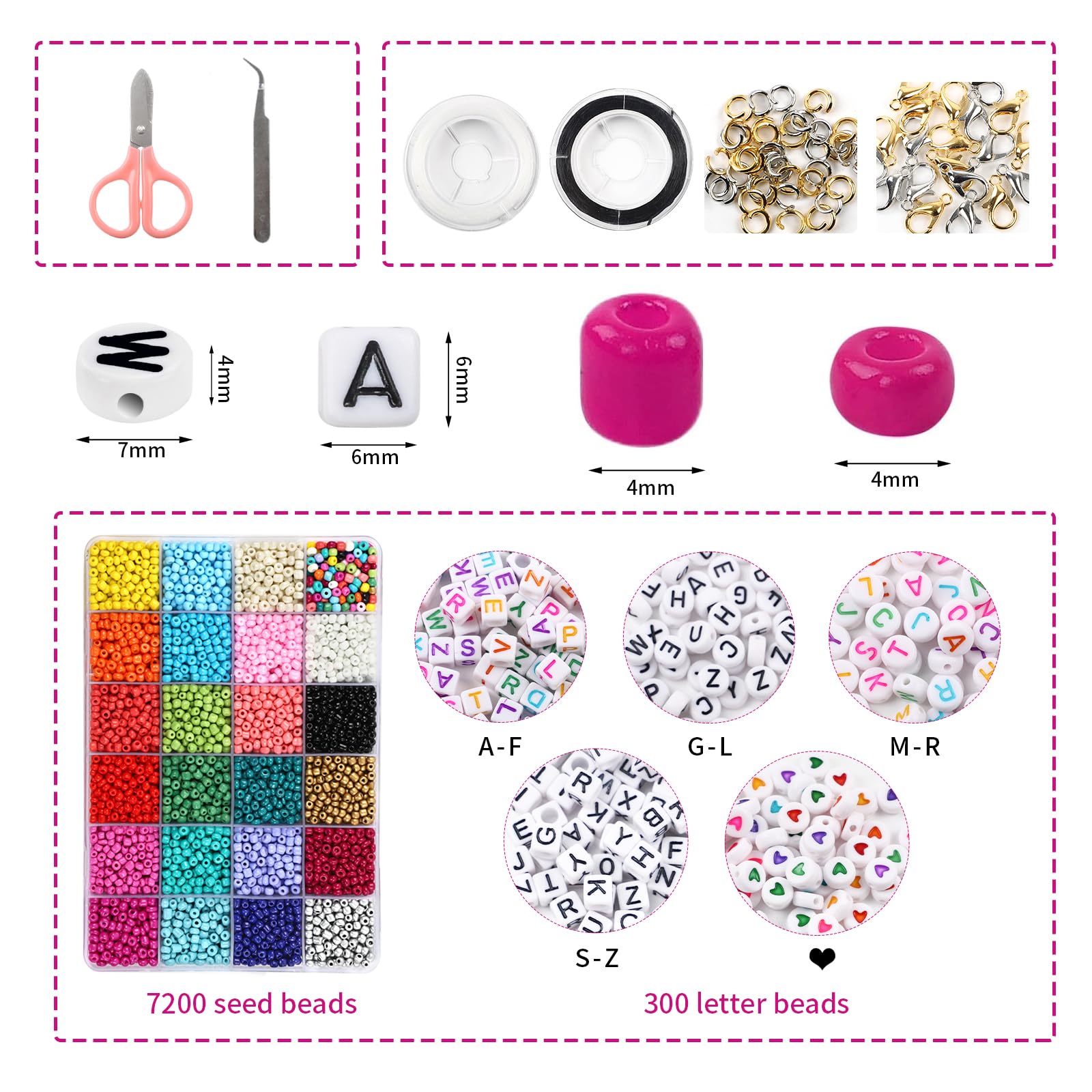 OUTUXED 7200pcs Seed Beads for Friendship Bracelet Kit, 4mm Glass Bracelet Kit and 300pcs Letter Beads for Jewelry Making, Necklaces, Craft Gifts