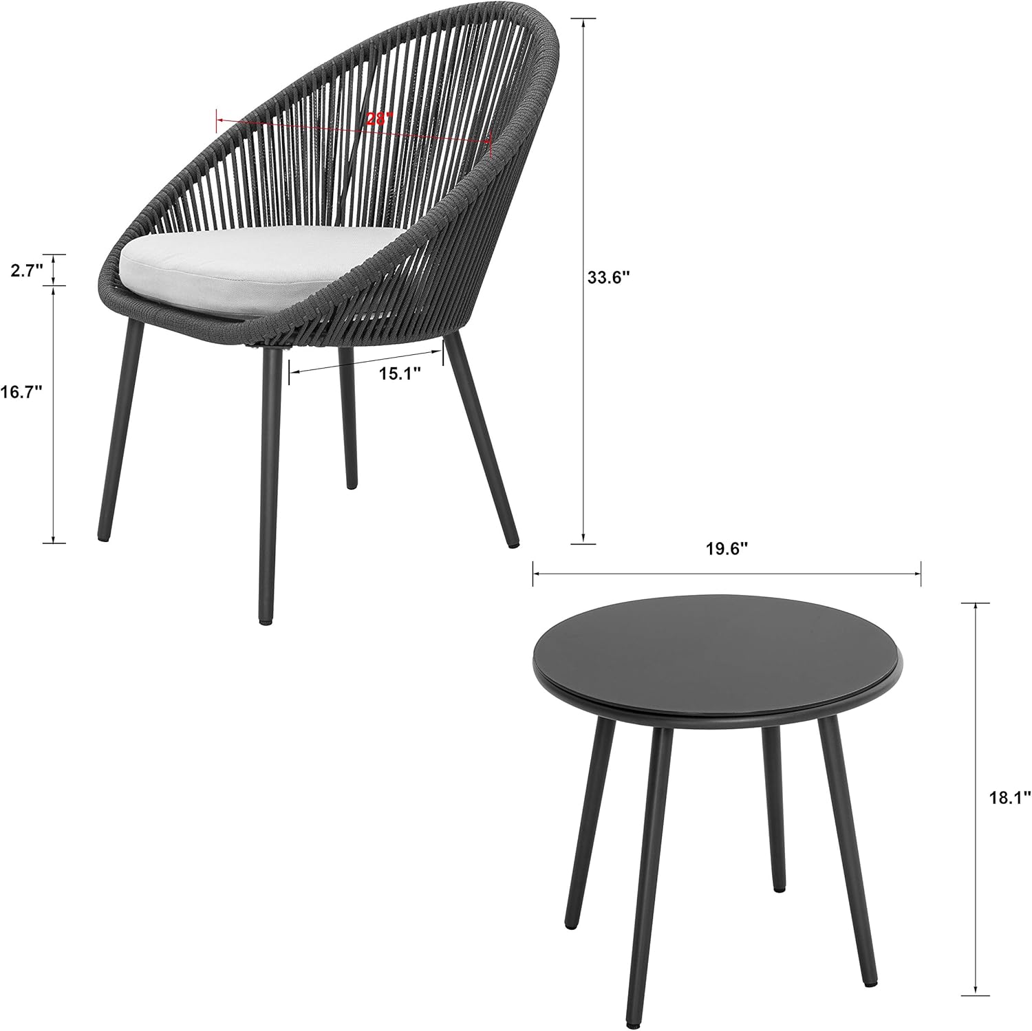 Nuu Garden 3 Piece Patio Table Set Outdoor All Weather Woven Rope Patio Conversation Bistro Set with Cushions for Garden, Balcony, Deck, Backyard, Dark Gray: Garden & Outdoor