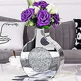 BLINGWORLD Flower Vase Mirror Finish Vases for Decor, Crystal Decorative Vase for Flower Circle Donut Crushed Diamond Home Decoration Tabletop, Silver 9 inches Tall, Can’t Hold Water